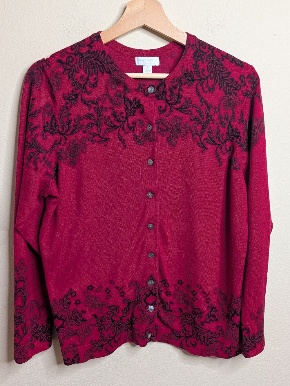 Charter Club‎ Woman Floral Scroll Cardigan Plus Size 1X Cranberry Red Black